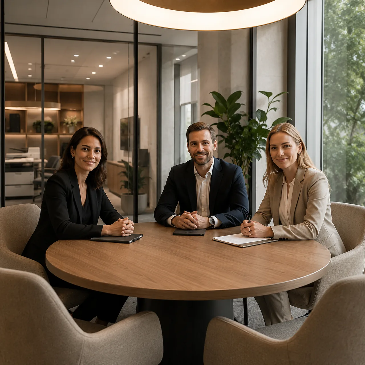 Salle de réunion MYDEN avec trois interlocuteurs accueillants