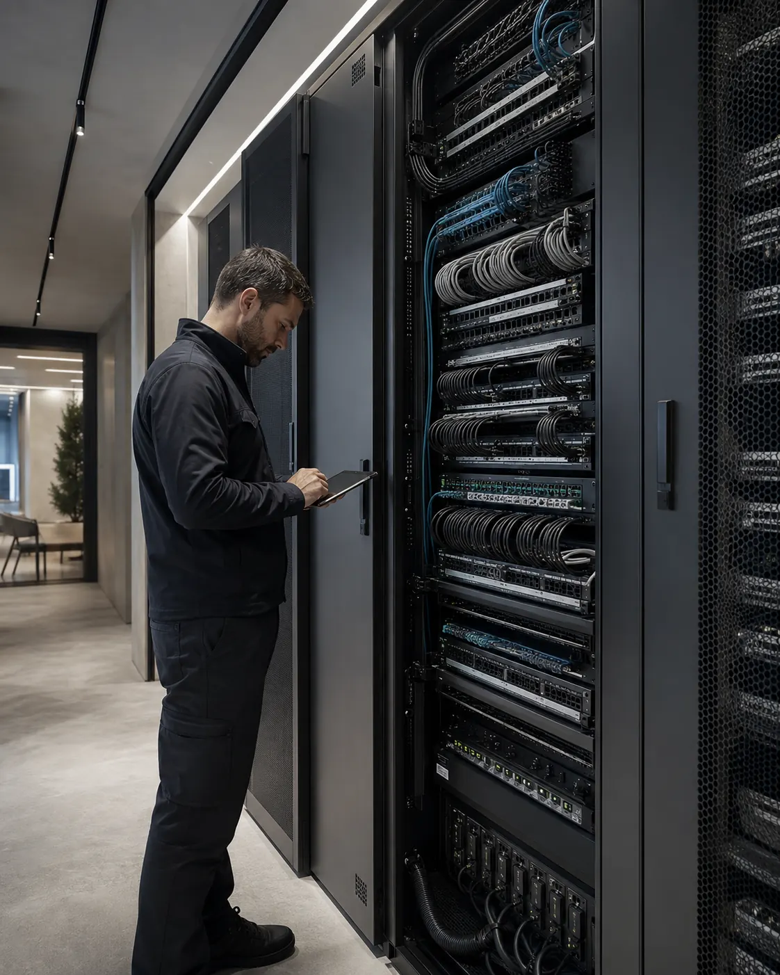 Baie informatique professionnelle avec câblage organisé