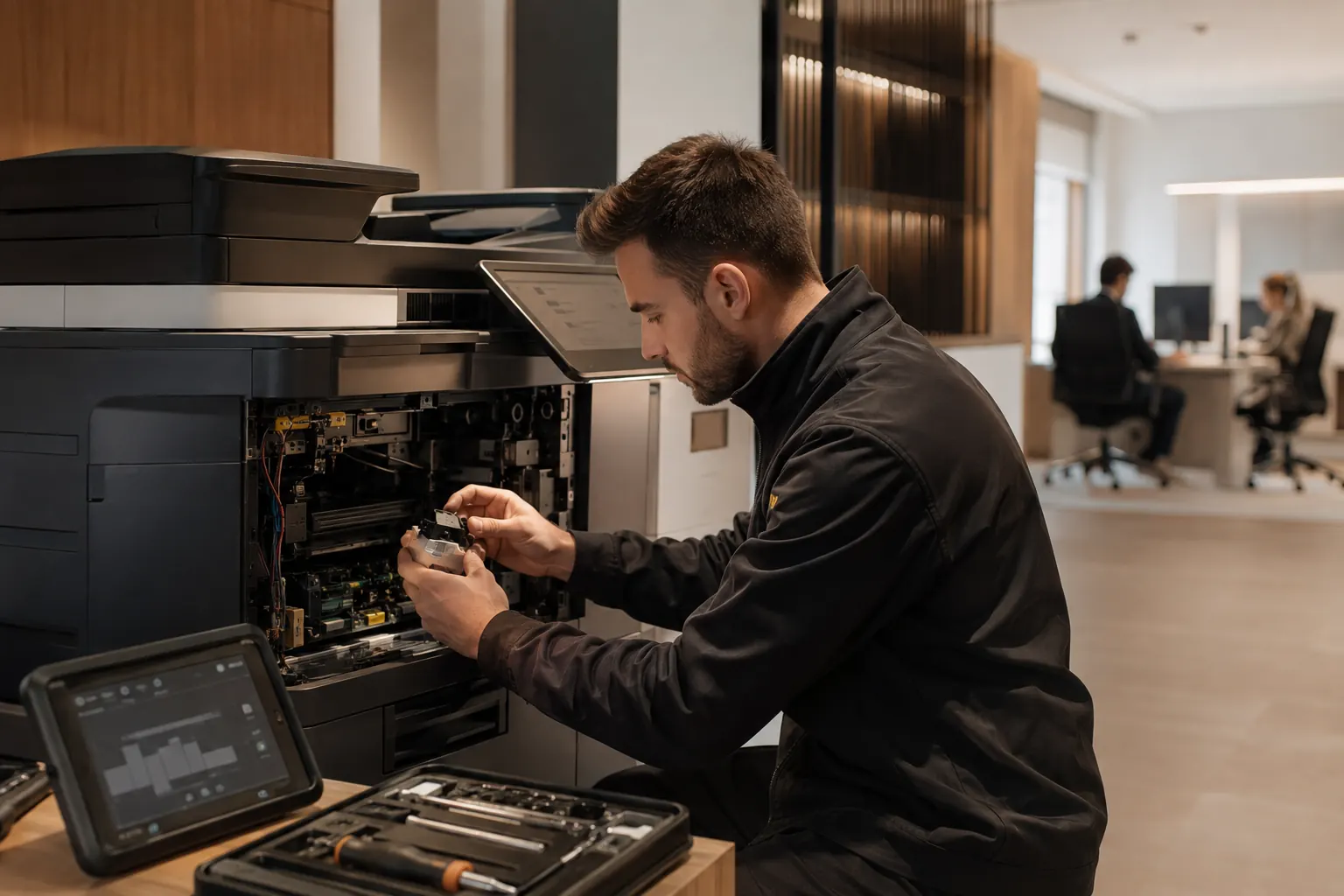 Technicien effectuant une maintenance soignée sur un photocopieur professionnel